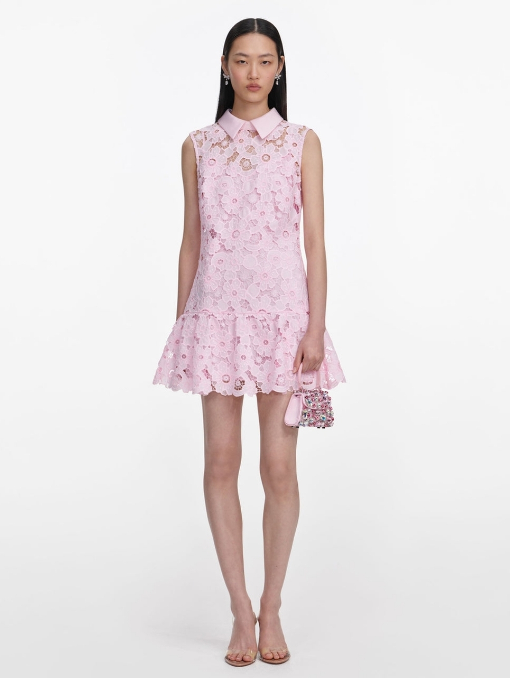 Self Portrait Pink Lace Collared Mini Dress